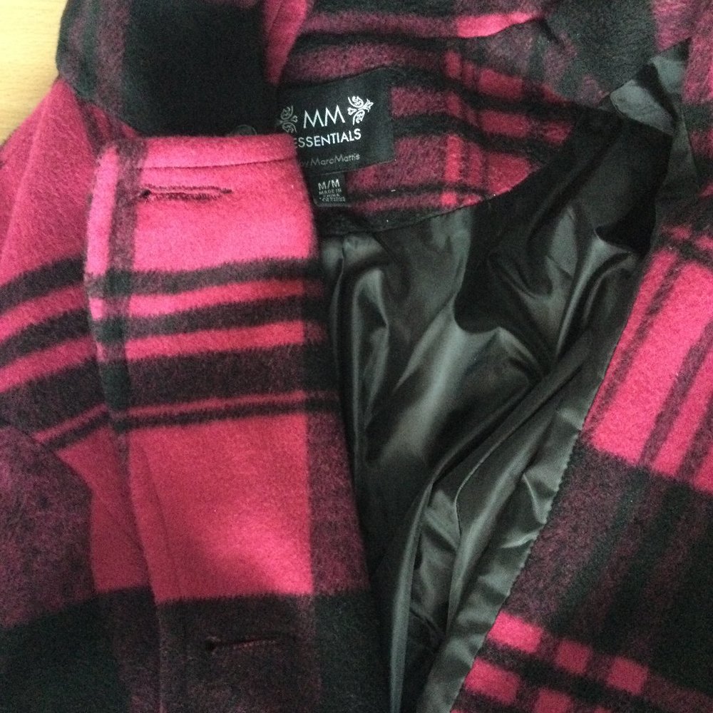 Women's short coat jacket hooded double line buttons red and black grid size M